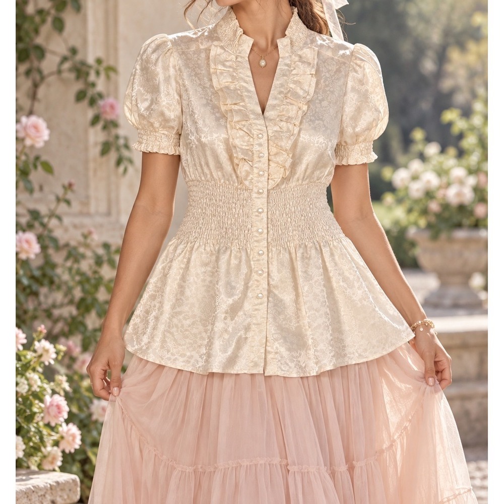 Charlotte Russe Cream Floral Jacquard Smocked Peplum Blouse Coquette Cottage g5